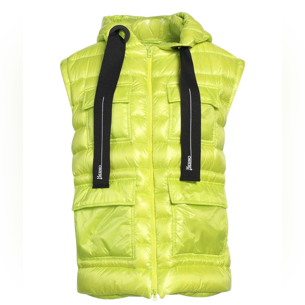 Herno Neon Lime Quilted Hooded Vest With Branded Black Drawstrings